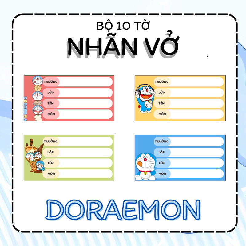 [Nhãn vở Doraemon] Gói 10 miếng nhãn vở anime, nhãn dán tập, sách
