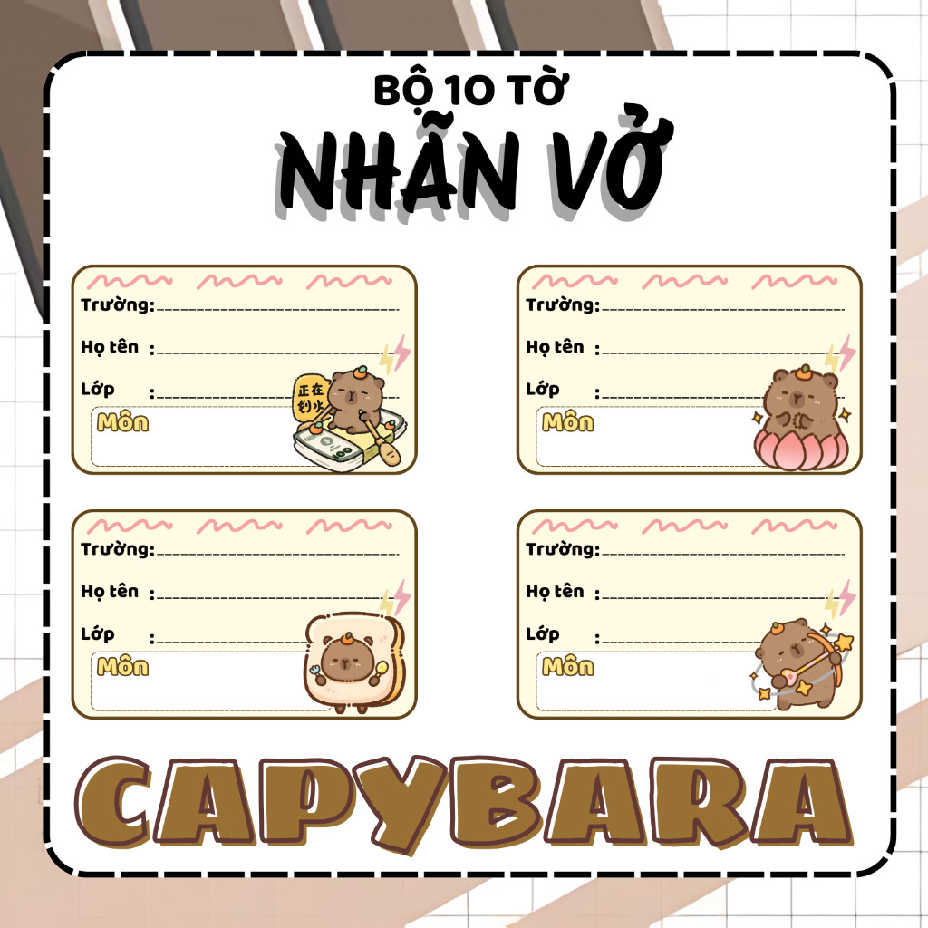 [Nhãn vở Capybara] Gói 10 miếng nhãn vở anime, nhãn dán tập, sách