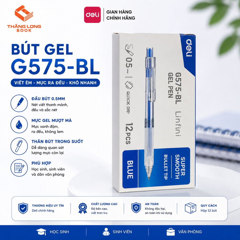 Bút gel bấm có đệm tay Deli G575