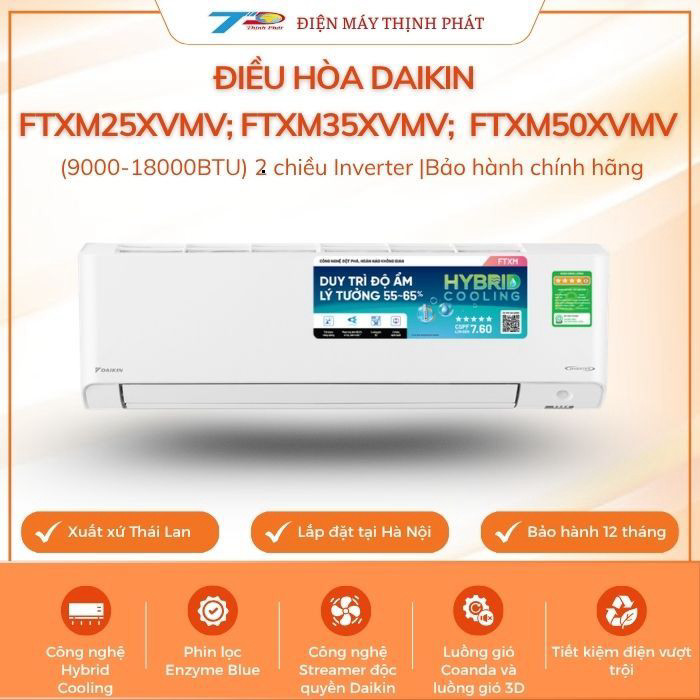 Điều hòa Daikin FTXM25XVMV; FTXM35XVMV; FTXM50XVMV 1-2HP 2chiều Inverter|Bảo hành chính hãng,mới100%