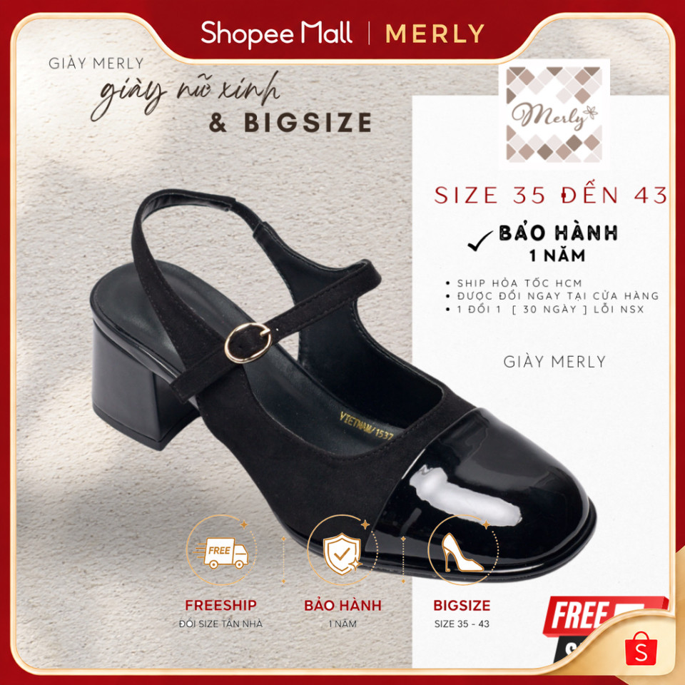 Giày Búp Bê Cao Gót Bigsize, Giày Mary Jane Big Size, Giày Búp Bê Có Quai Ngang Đế Vuông 5 Phân Merl