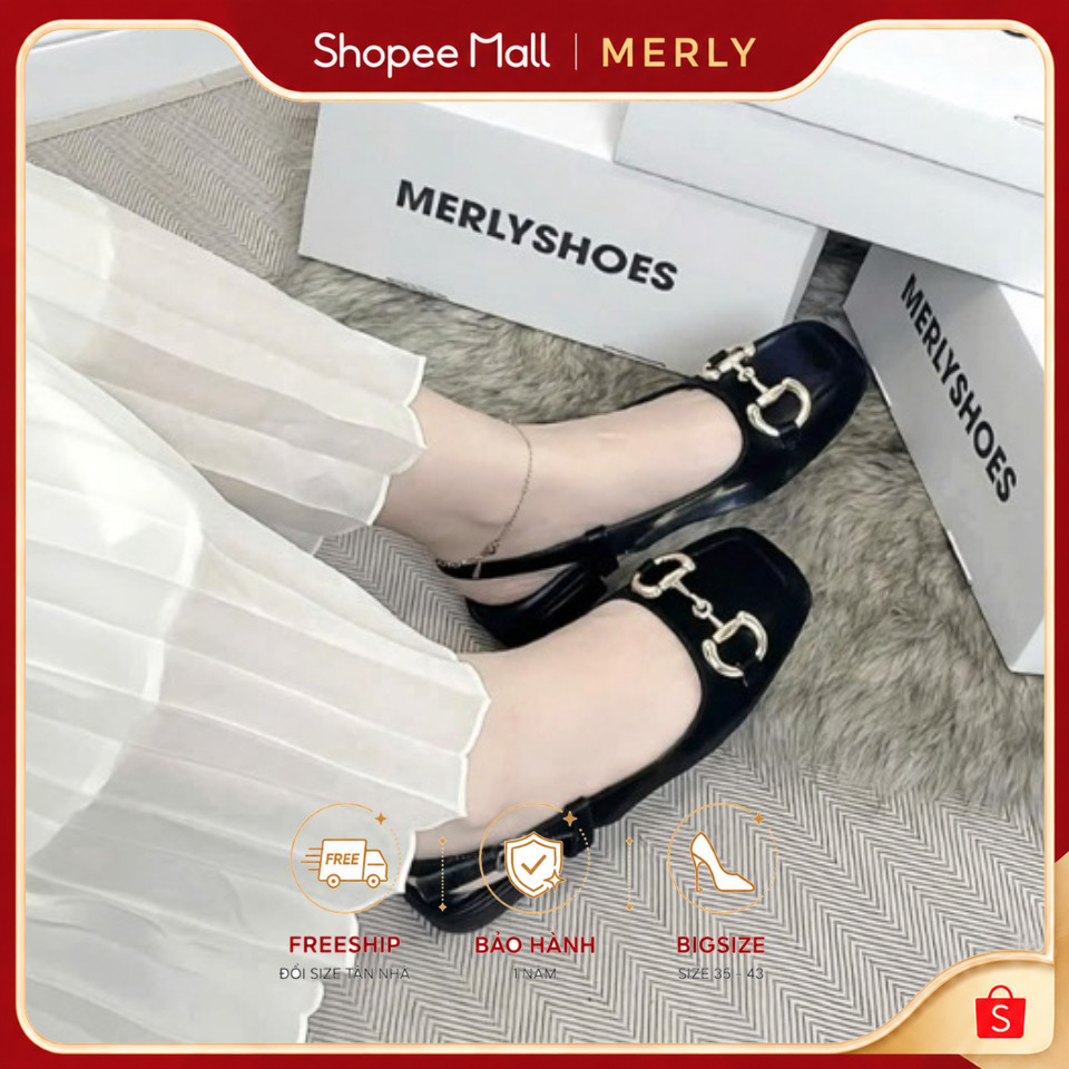 Giày Bít Merly 1585-2P Đen Đế Vuông 2cm Khóa GC Sang Trọng Bigsize 35-43