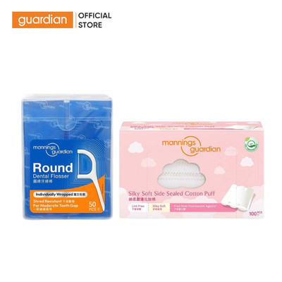 Combo Tăm chỉ nha khoa sợi tròn dạng gói 50 cây Mannings Guardian & Bông Tẩy Trang Viền Ép Mannings Guardian 100 Miếng