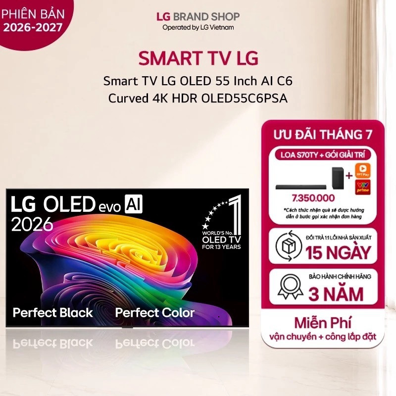 (CH) [Chỉ giao miền Nam/Bắc] OLED55C6 - Tivi thông minh LG 55 Inch OLED evo AI C6 OLED 4K HDR OLED55