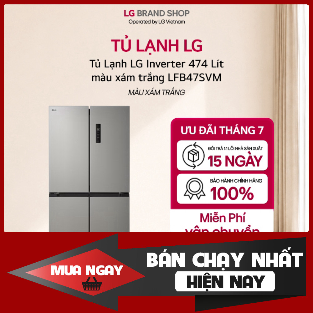 [Chỉ giao miền Nam/Bắc] Tủ Lạnh LG Inverter 474 Lít màu xám trắng LFB47SVM