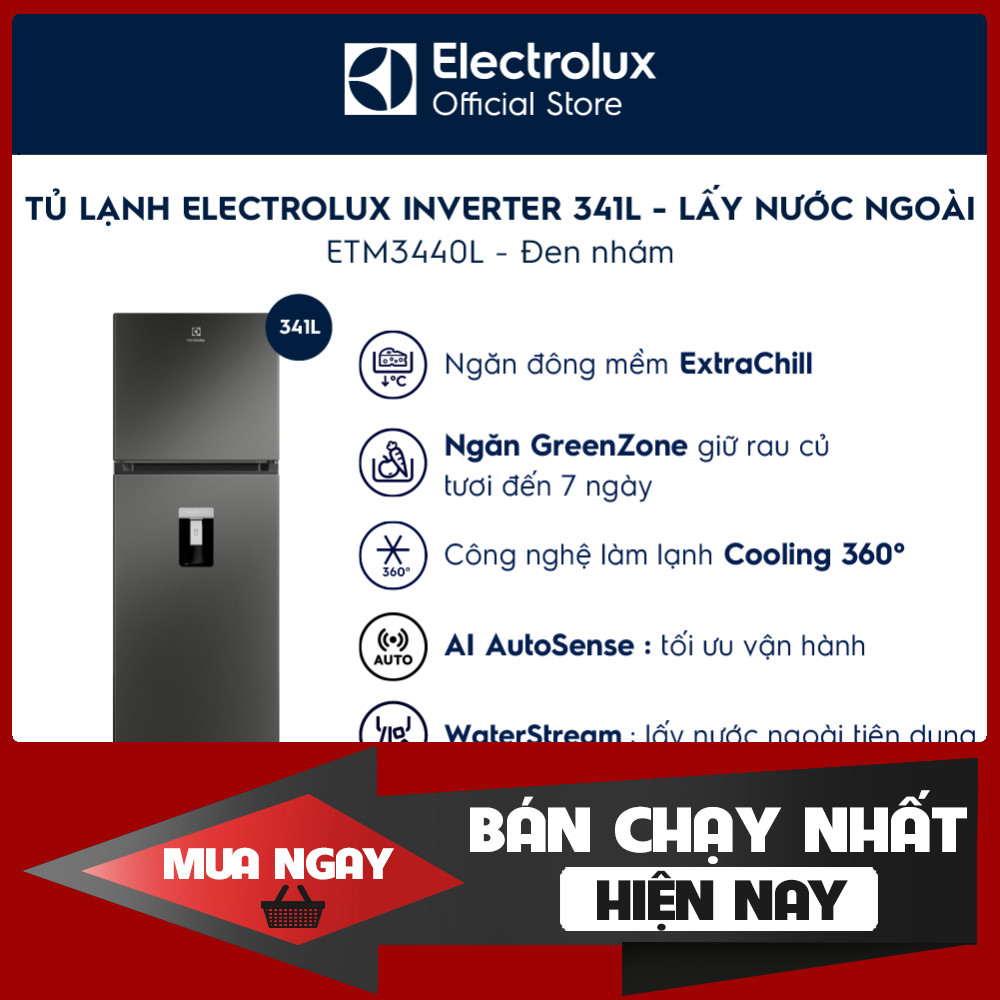 Tủ Lạnh Electrolux Series 700 341L AI Autosense ETM3440L-B 3 Chilly Zones Lấy Nước Ngoài