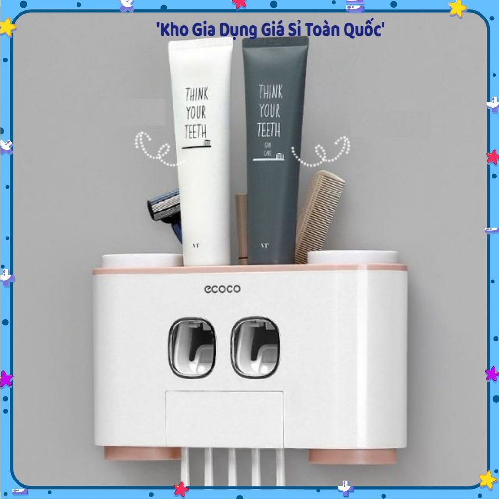 KỆ TREO NHÀ TẮM SIÊU DÍNH ECOCO, Kệ 2 Nhả Kem Đánh Răng, Kèm 4 Cốc Đánh Răng, Giá Đựng Bàn Chải Cao 