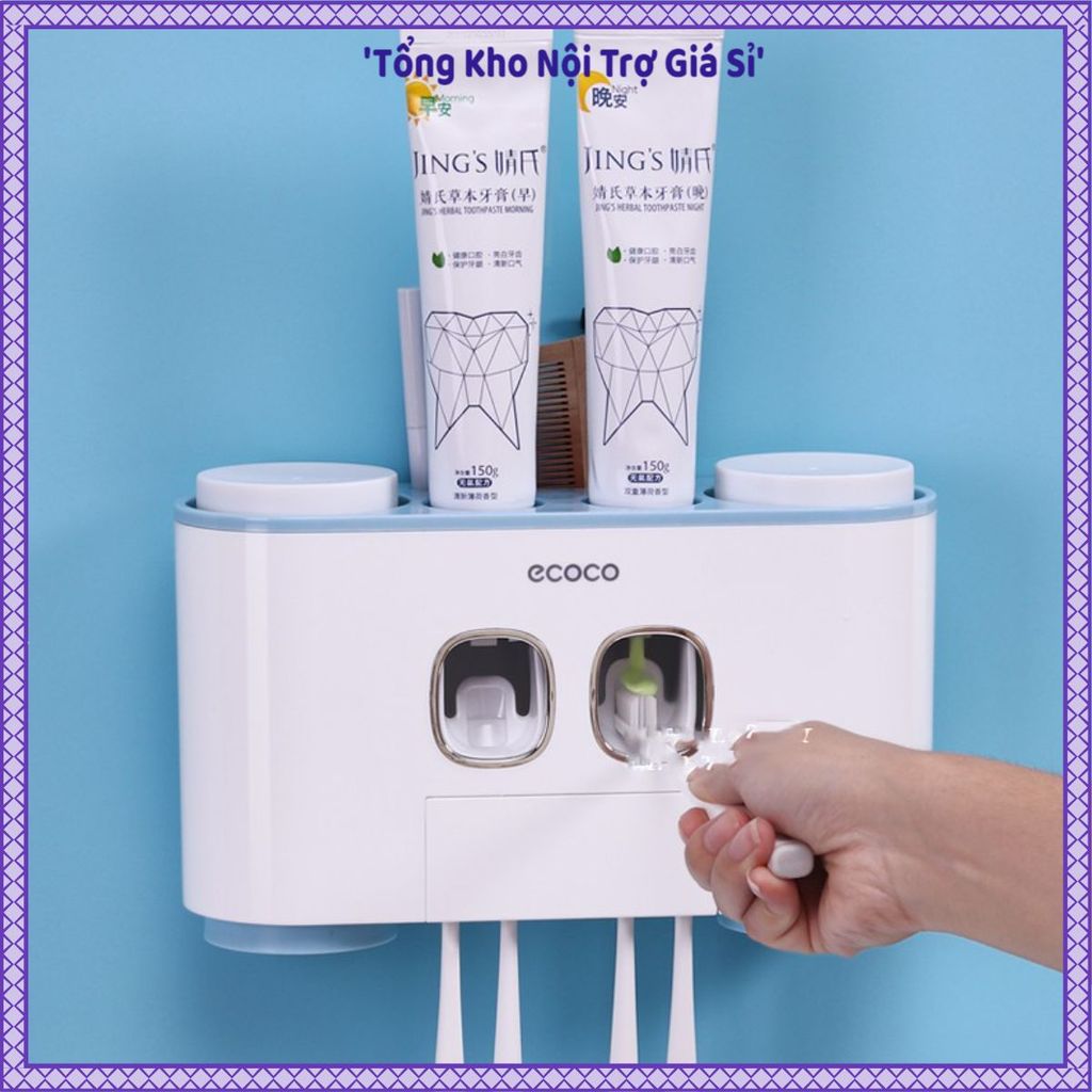 KỆ TREO NHÀ TẮM SIÊU DÍNH ECOCO, Kệ 2 Nhả Kem Đánh Răng, Kèm 4 Cốc Đánh Răng, Giá Đựng Bàn Chải Cao 