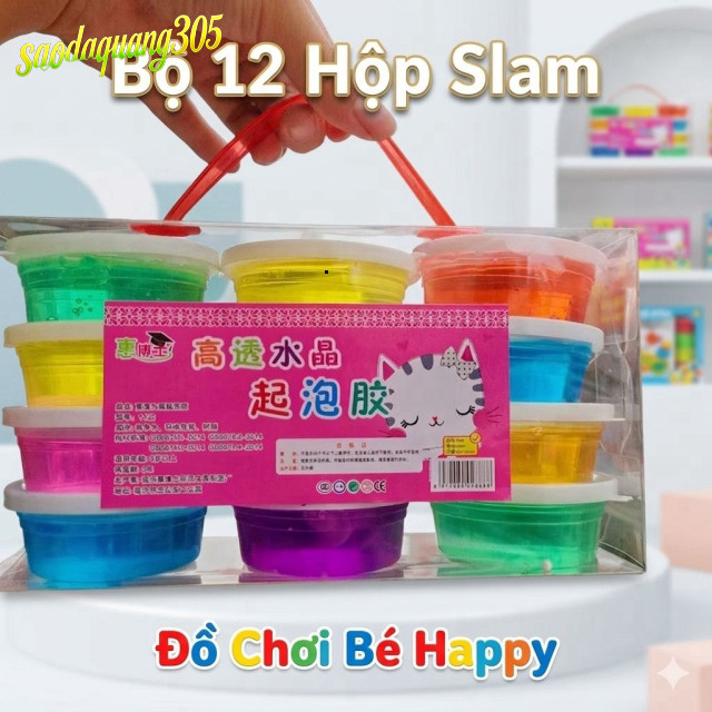 Bộ 12 Hộp Đồ Chơi Slime Dẻo Thích Hợp Cho Bé, Hộp Slime Trong Suốt Nhiều Màu Sắc