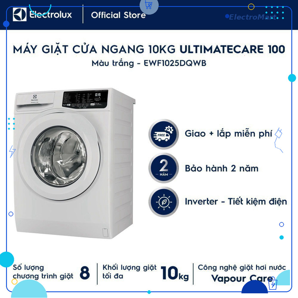 Máy giặt Electrolux 10kg UltimateCare 100 EWF1025DQWB VapourCare Inverter Chính Hãng