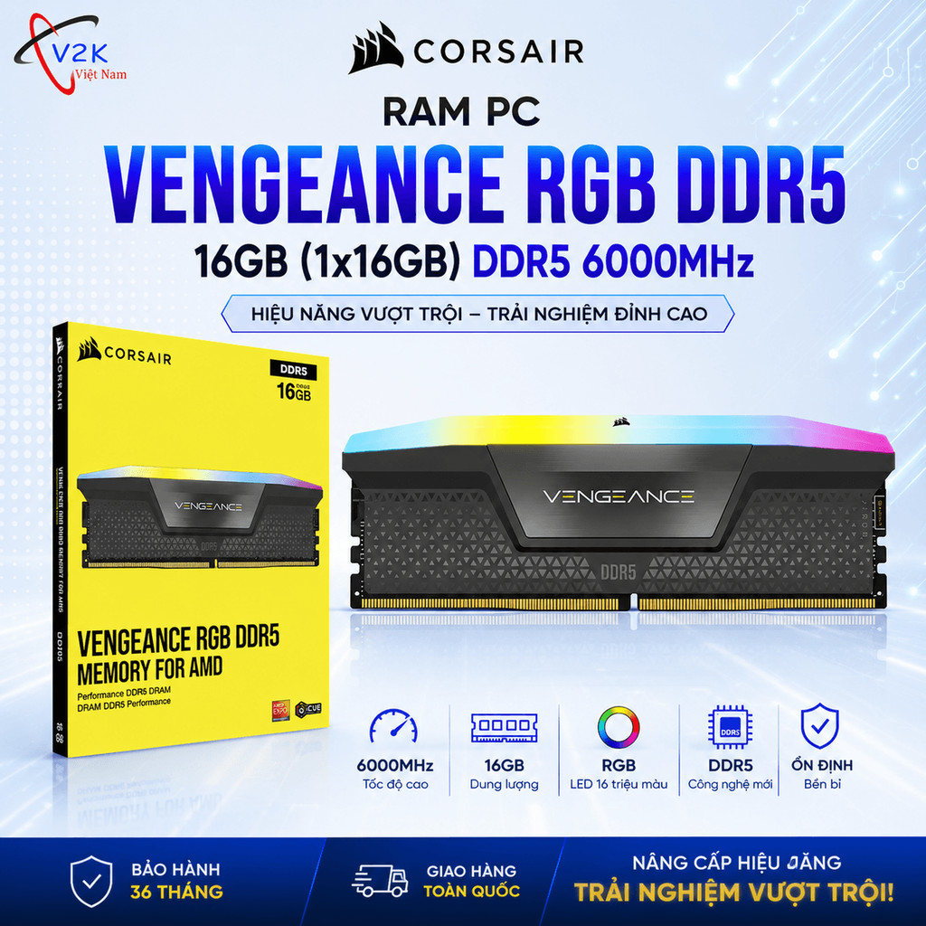 RAM PC Corsair Vengeance RGB 16GB (1x16GB) DDR5 6000MHz - BH 36 tháng