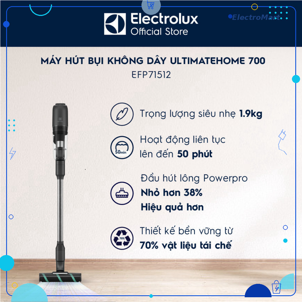 Máy hút bụi không dây Electrolux UltimateHome 700 EFP71512 PowerPro Pin 50 phút Chính Hãng