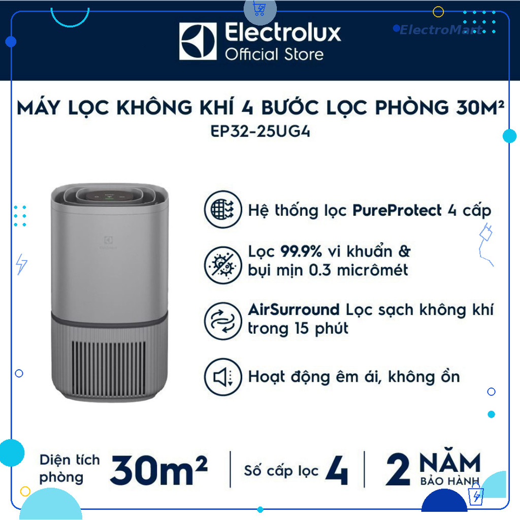 Máy lọc không khí Electrolux EP32-25UGA 4 lớp lọc HEPA 13 Phòng 30m² Chính Hãng