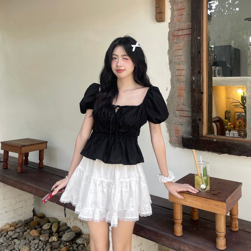 Áo babydoll linen kiểu xinh tay phồng tiểu thư công chúa bo thân nơ coquette ngực xinh xắn Kimee MA2