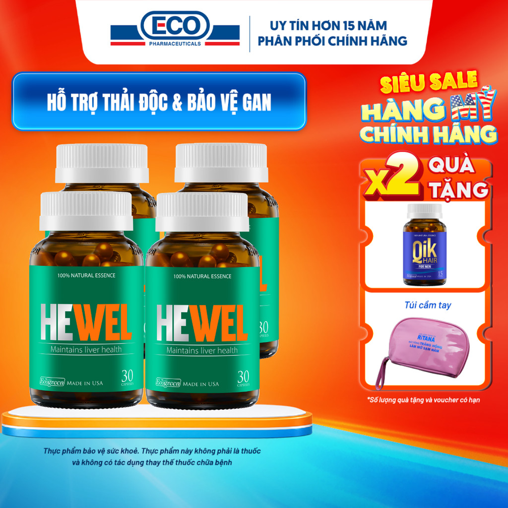 [Tặng Qik Hair Nam 15v] Combo 4 Hộp 30v - Viên Uống Bổ Gan Hewel Ecogreen Giải Độc Gan, Tiêu Hóa Tốt