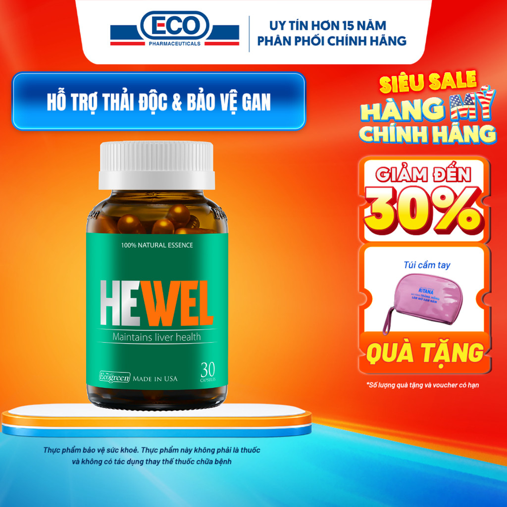 [Hộp 30v] Viên Uống Bổ Gan Hewel Ecogreen Giải Độc Gan Mát Gan, Hỗ Trợ Tiêu Hóa