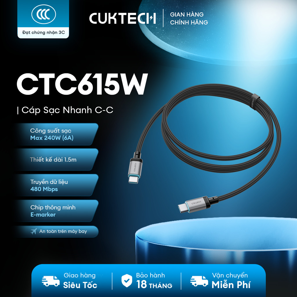 Cáp Sạc Nhanh CUKTECH CTC615W C-C 1.5m | Công Suất Sạc Max 240W (6A) | Truyền Dữ Liệu 480 Mbps | Bảo Hành 18 Tháng
