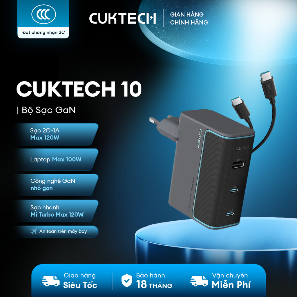 Củ Sạc GaN CUKTECH 10 2C1A | Công Suất 100W Max | Hỗ Trợ Sạc Nhanh | 3 Cổng | Bảo Hành 18 Tháng AD1003 | BigBuy360 - bigbuy360.vn