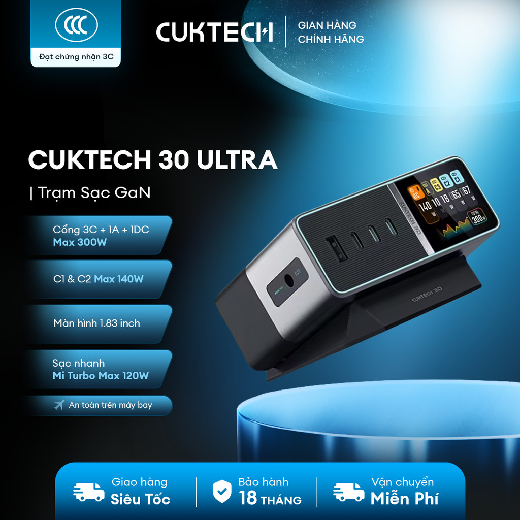 Trạm Sạc GaN CUKTECH 30 ULTRA 3C1A1DC | Công Suất Max 300W | Màn Hình 1.83 Inch | Bảo Hành 18 Tháng 