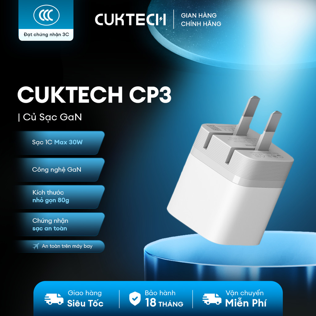 Củ Sạc GaN CUKTECH CP3 1C | Công Suất 40W | Hỗ Trợ Sạc Nhanh | Thiết Kế Nhỏ Gọn | Bảo Hành 18 Tháng AC301