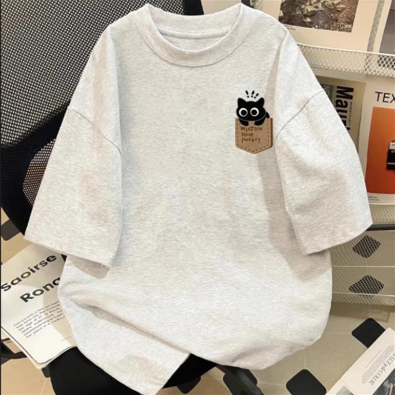 Áo thun ngắn tay mùa hè MÈO TÚI cho nam và nữ, chất liệu cotton su, dáng rộng, đa năng UT