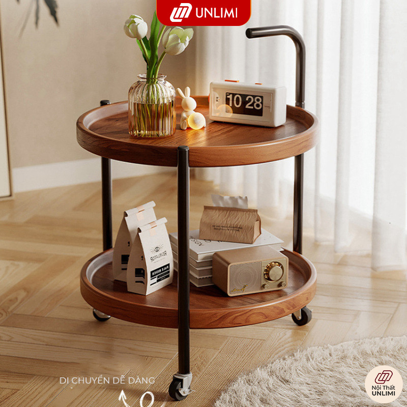 UNLIMI Bàn Trà Di Động 2 Tầng Màu Óc Chó Khung Đen - GM188