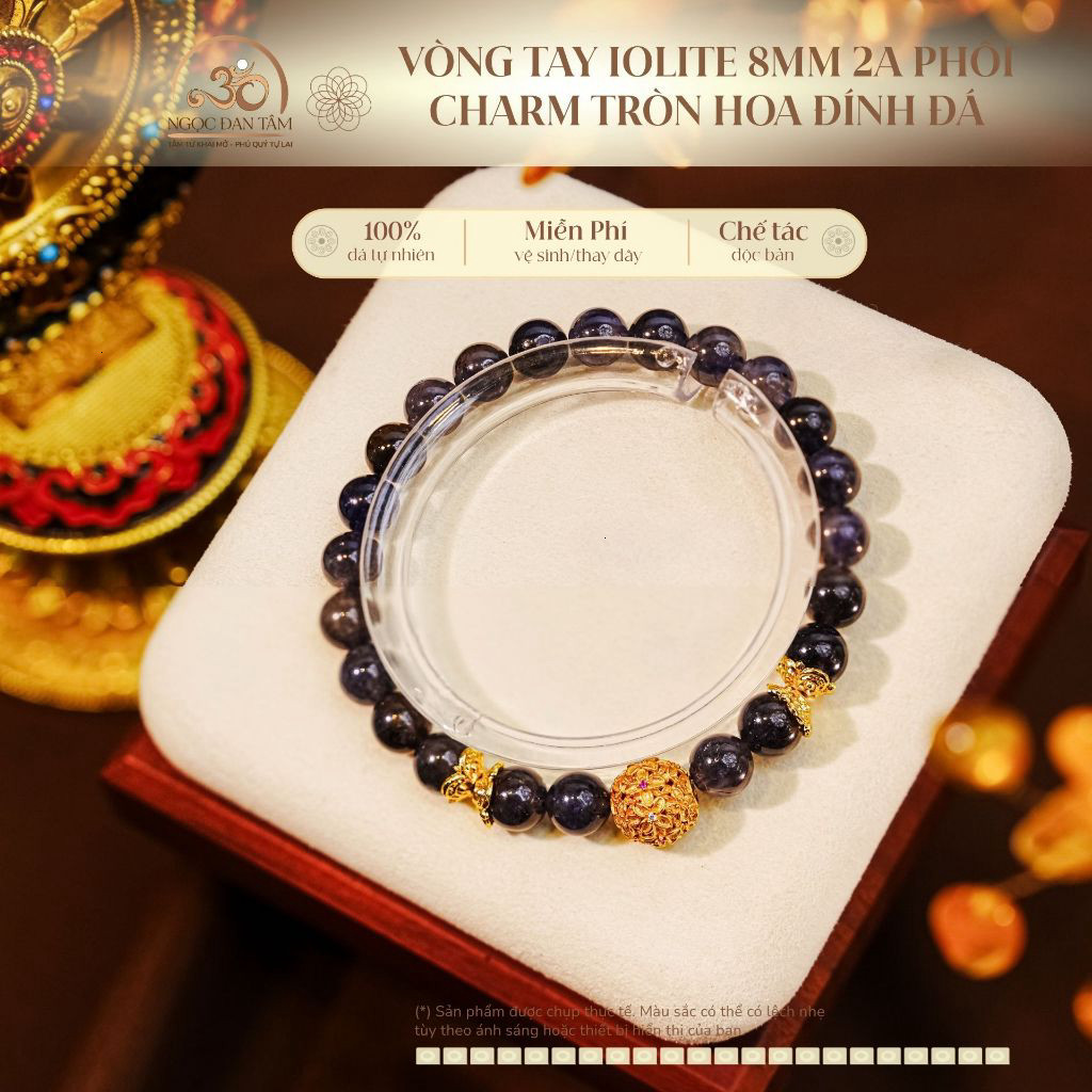 Ngọc Đan Tâm - Vòng Tay Iolite 8mm 2A Phối Charm Tròn Hoa Đính Đá