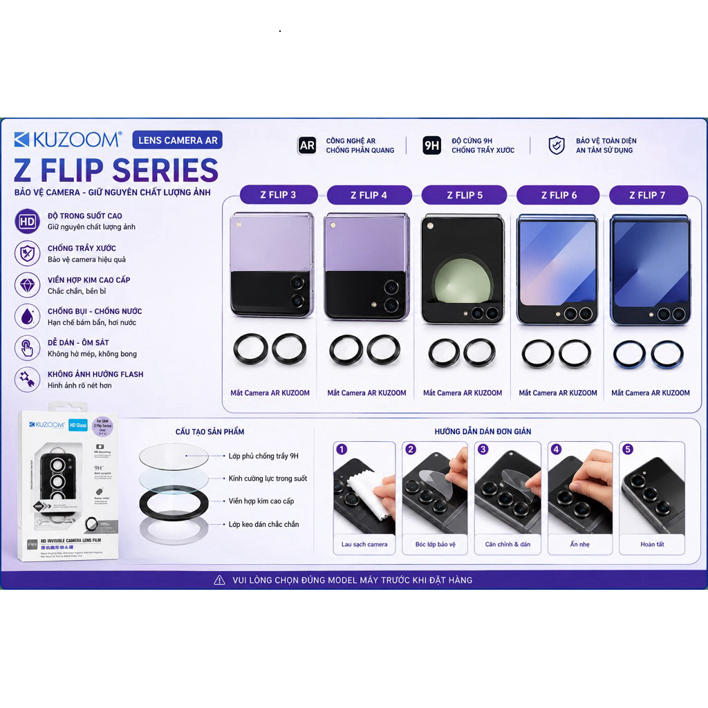 Mắt Camera KUZOOM AR Samsung Galaxy Z Flip 3 4 5 6 7 Bảo Vệ Camera Chống Trầy Mắt Camera Trong Suốt 