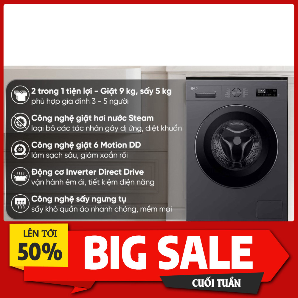 ib nhận mã giảm_ Máy giặt sấy LG Inverter giặt 9 kg  sấy 5 kg FB1209D5M _siêu sale