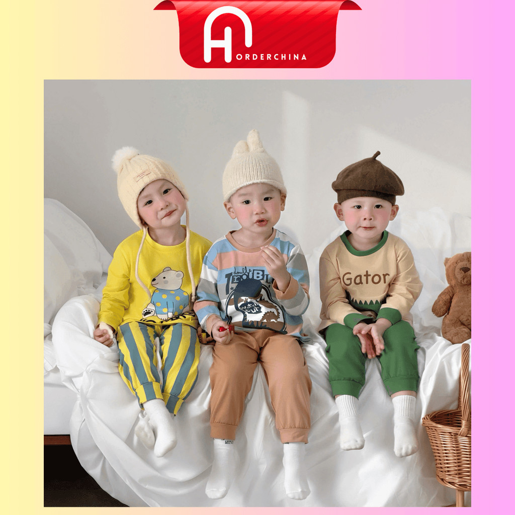 Bộ quần áo bé trai in khủng long, cá sấu, gấu, chất cotton mềm mịn F109 - HNOrderChina