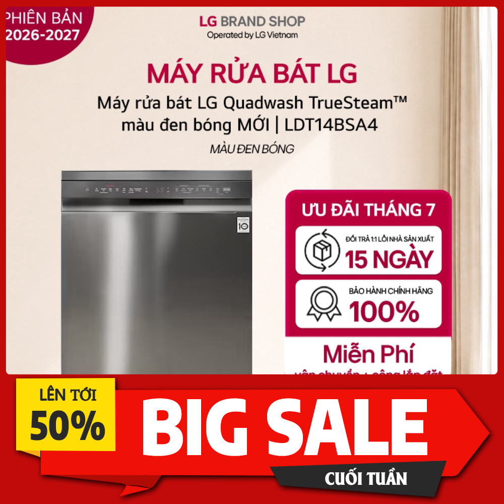 ib nhận mã giảm_ [Chỉ giao miền Nam] Máy rửa bát LG Quadwash TrueSteam™ màu đen bóng MỚI | LDT14BSA4