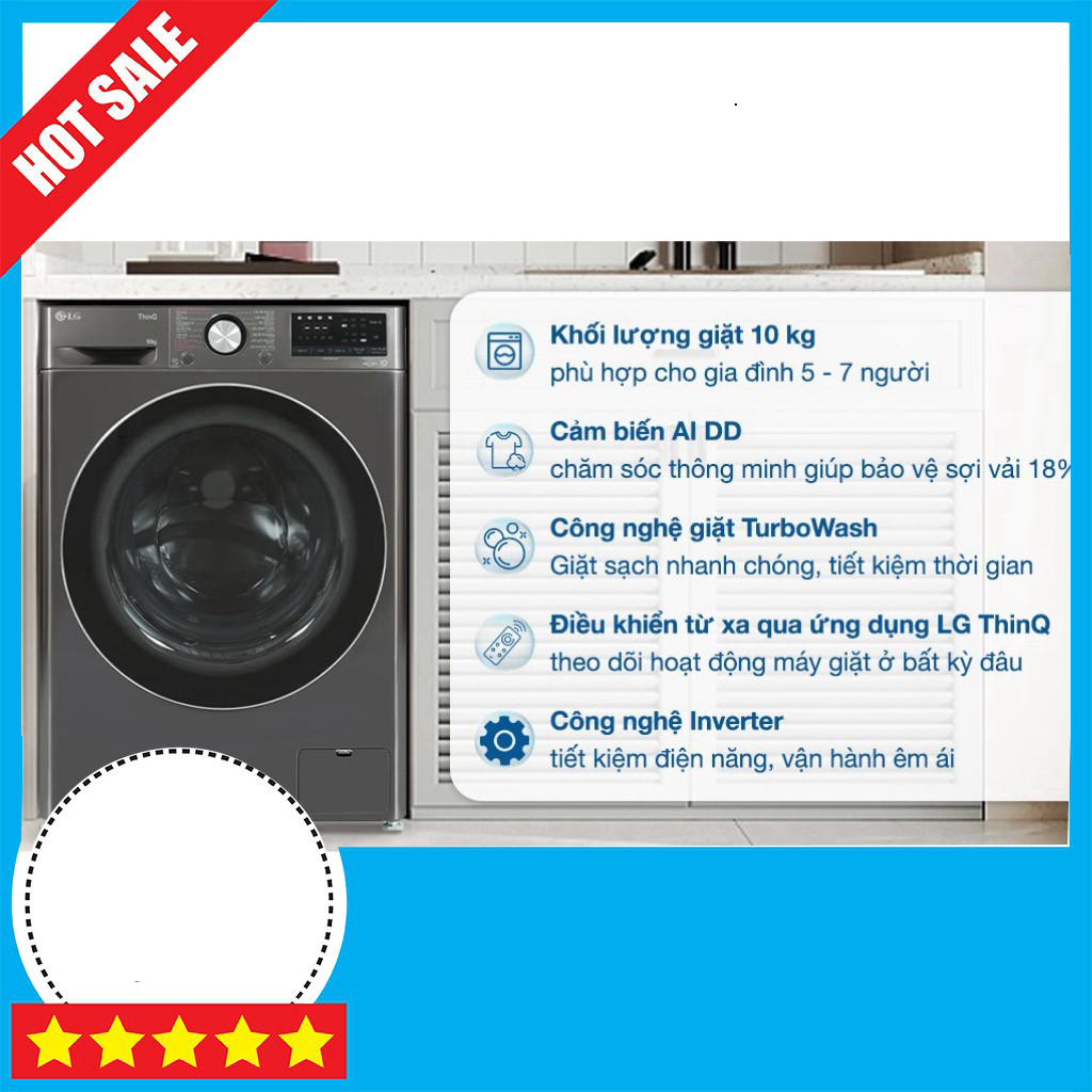 Khuyến mãi  Máy Giặt LG AI DD 10kg Inverter FV1410S4B 2023 Cánh Quạt To Cho 10kg Mát Mẻ ,.