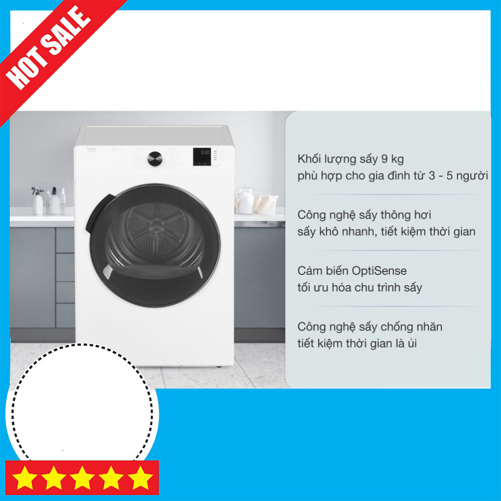 KHUYẾN MÃI  Máy Sấy Quần Áo Thông Hơi Beko 9 kg DA9112RX0WB Mới 100% Sấy Khỏe Bền Freeship