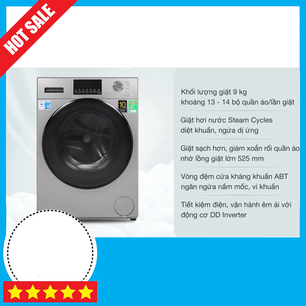 KHUYẾN MÃI  Máy giặt Aqua Inverter 9 kg AQD-D900F S Giặt Sạch Lồng Khối Bền Dời Freeship
