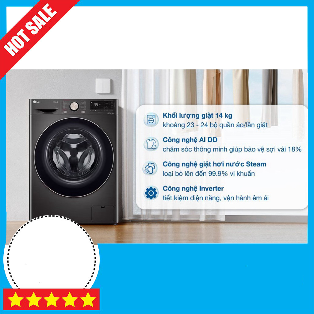 KHUYẾN MÃI  Máy Giặt LG AI 2023 14kg Inverter FV1414S3BA Tiết Kiệm Nước & Điện Freeship