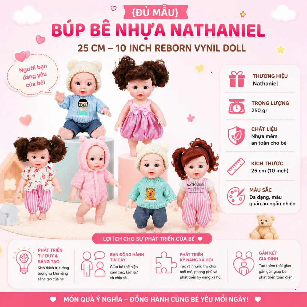 {Đủ Mẫu} Búp Bê Reborn Nhựa Nathaniel 25 cm 10 inch Reborn Vynil Doll
