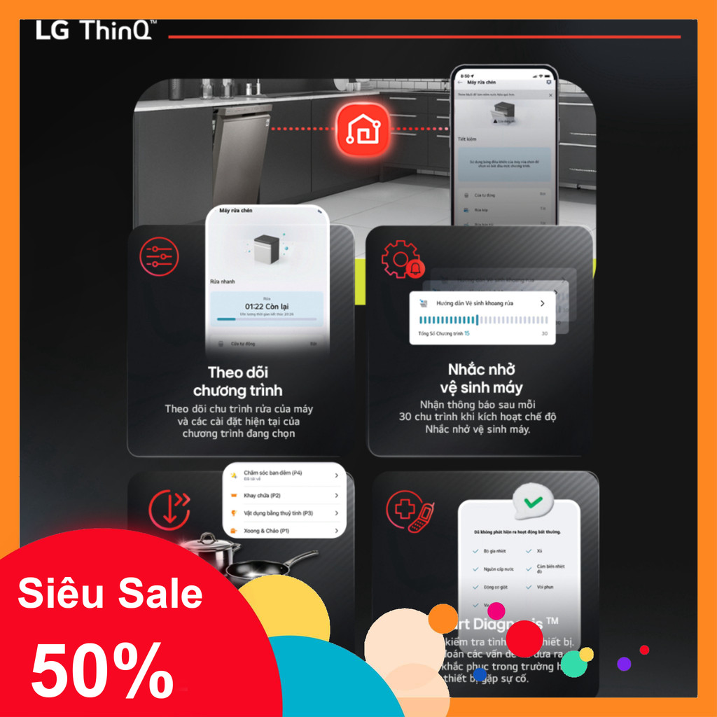 nhắn shop nhận voucher_ [Chỉ giao miền Nam] Máy rửa bát LG Quadwash TrueSteam™ màu đen bóng MỚI | LD