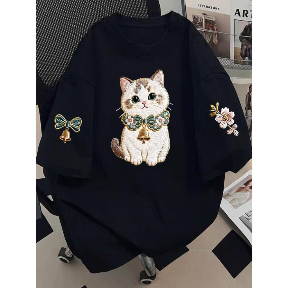 Áo thun street style-Tay ngắn dáng rộng mùa hè-In hình mèo con hoạt hình-cotton su-Mềm mại, thoải mái ut