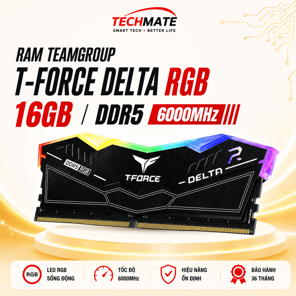 RAM TeamGroup T-Force Delta RGB 16GB DDR5 6000MHz - Black - BH 60 tháng