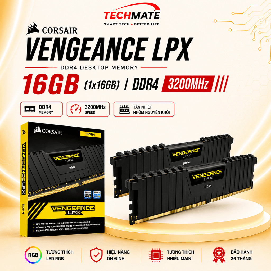 RAM Corsair Vengeance LPX Black 16GB DDR4 (1 x 16GB) 3200MHz - BH 36 tháng