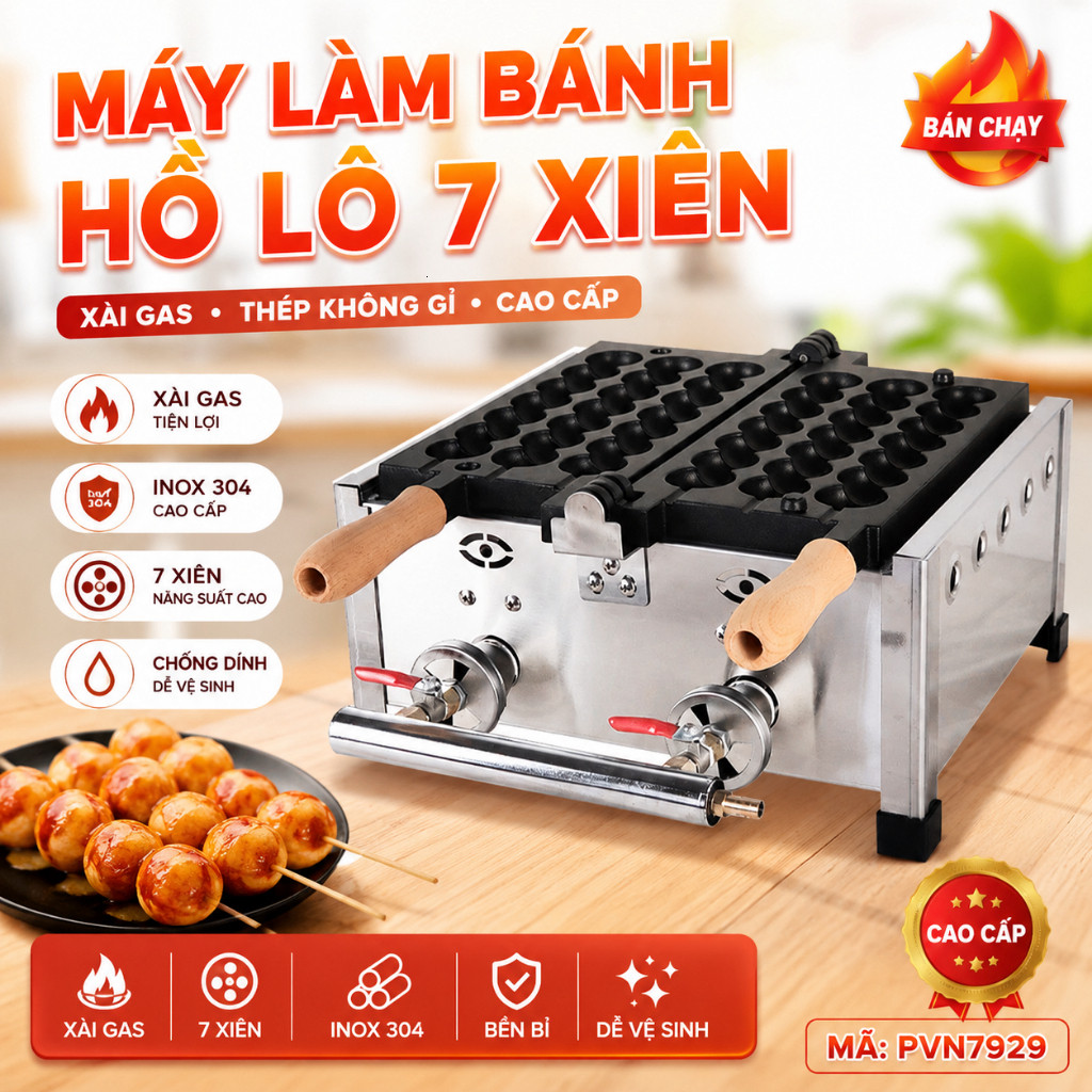 Máy Làm Bánh Hồ Lô 7 Xiên Xài Gas Octopus Balls Grill Pan Thép Không Gỉ Waffle Maker Electric PVN792