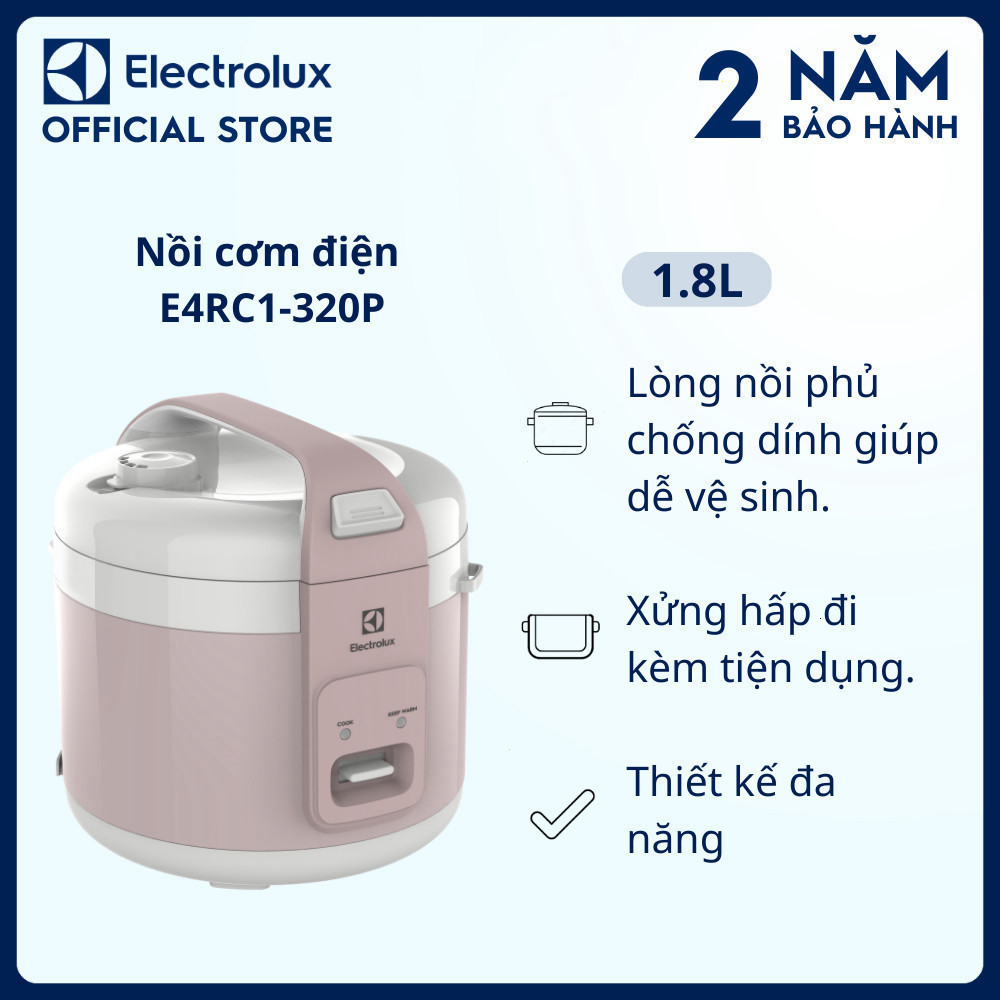 ( Nồi cơm điện 1.8L Electrolux E4RC1-320P - lòng nồi chống dính, giữ ấm lâu, kèm xửng hấp )