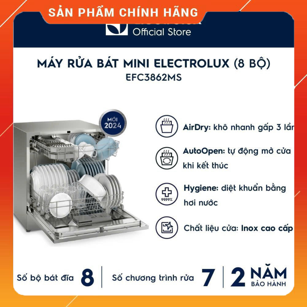 Sale Máy Rửa Bát Electrolux EFC3862MS 8 Bộ Tự Động Sấy Khử Khuẩn Miễn phí lắp đặt.