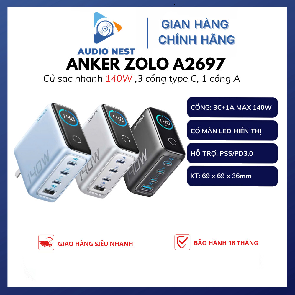Sạc Nhanh Anker Zolo A2697 140W GaN Màn Hình LED PPS/PD3.0 3C+1A - Bảo Hành 18 Tháng.