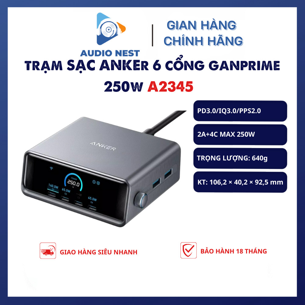Bộ Sạc Anker A2345 250W  6 Cổng GaNPrime  - Bảo Hành 18 Tháng