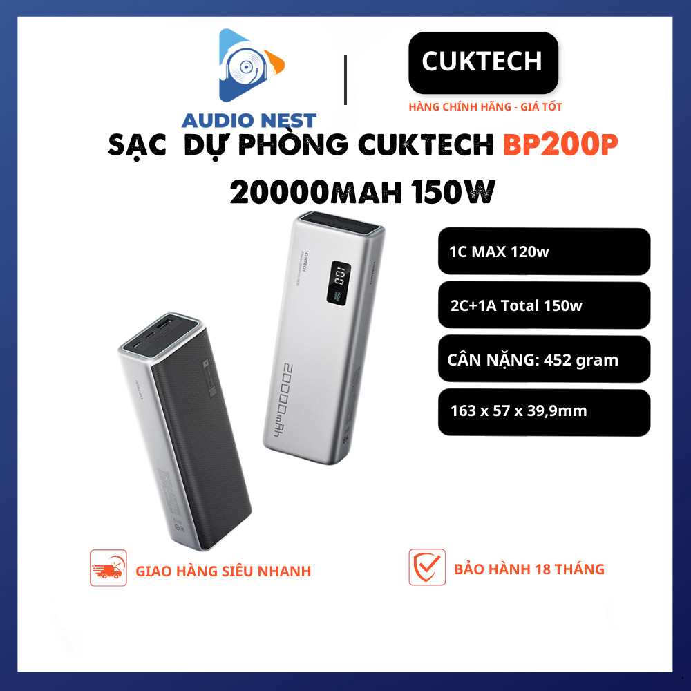 Sạc Dự Phòng Cuktech 20000mAh 150W 100W (PB200P/BP200) 2C1A PD 3.1 PPS5A QC Mi Turbro - Bảo Hành 18 