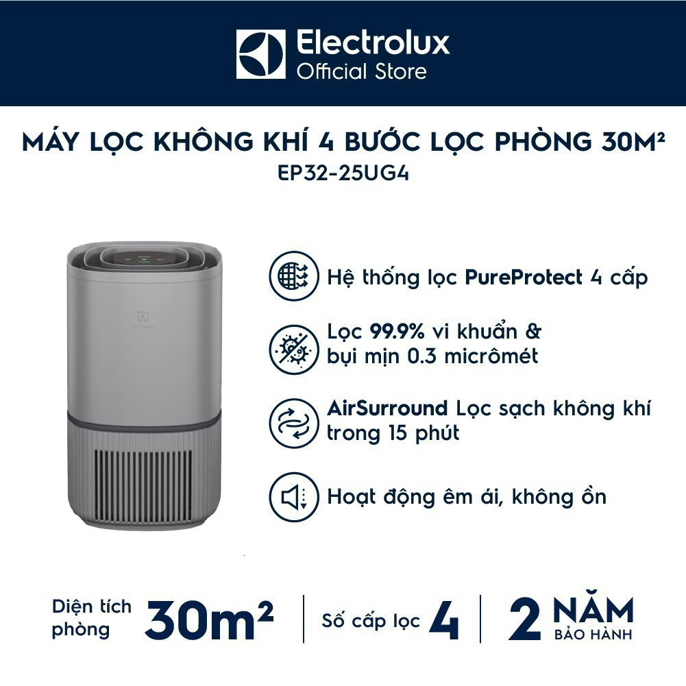 ( Free giao hàng - Máy lọc không khí 30m² Electrolux EP32-25UGA - 4 bước lọc, HEPA 13, hoạt động êm 
