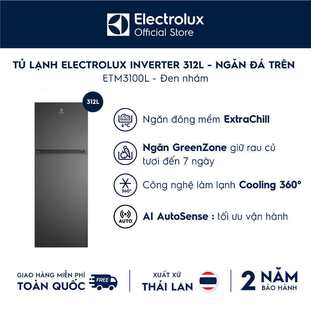 ( Tủ lạnh Electrolux AI ngăn đá trên 312L Series 700 Đen nhám ETM3100L-B - Ngăn đông mềm, AI Autosen