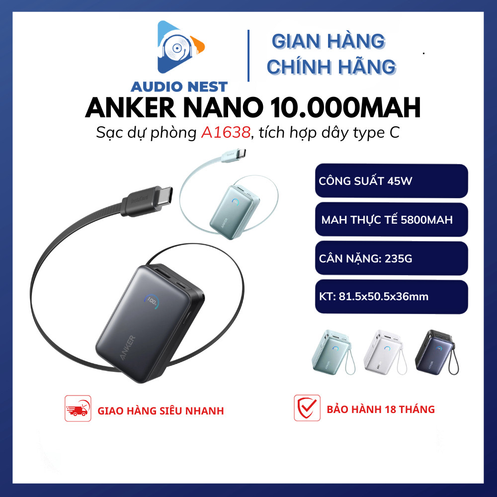 Sạc Dự Phòng Anker Nano A1638 10K 45W Cáp USB-C Tích Hợp Thu Gọn - Bảo Hành 18 Tháng.