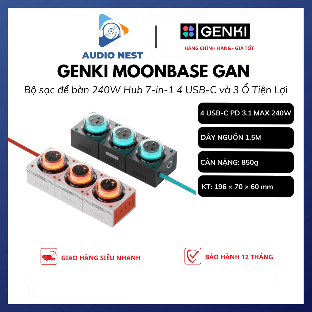 Bộ Sạc Đề Bàn GENKI Moonbase 240W GaN 3 AC & 4 USB-C (Tối đa 140W) - Bảo Hành 12 Tháng.